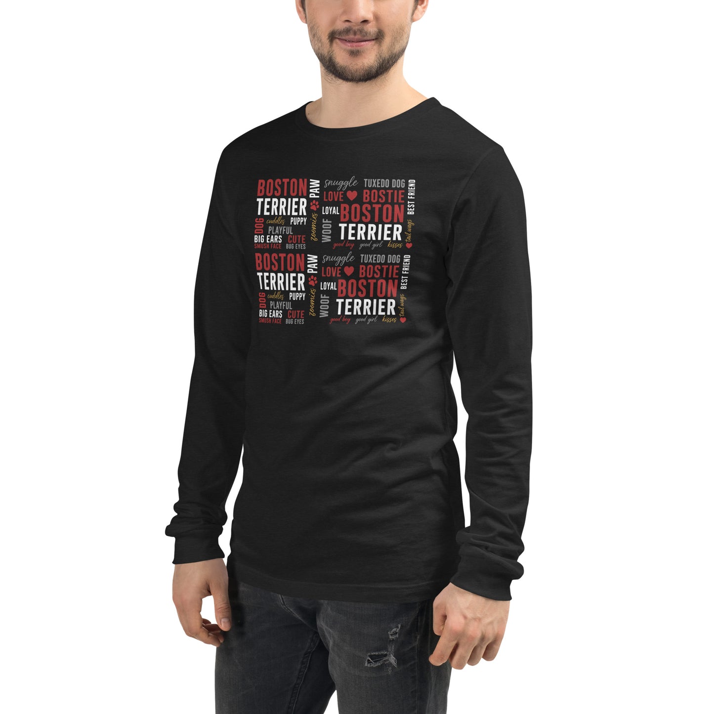 Boston Terrier Word Collage Unisex Long Sleeve Tee – Dog Lover Typography Art .