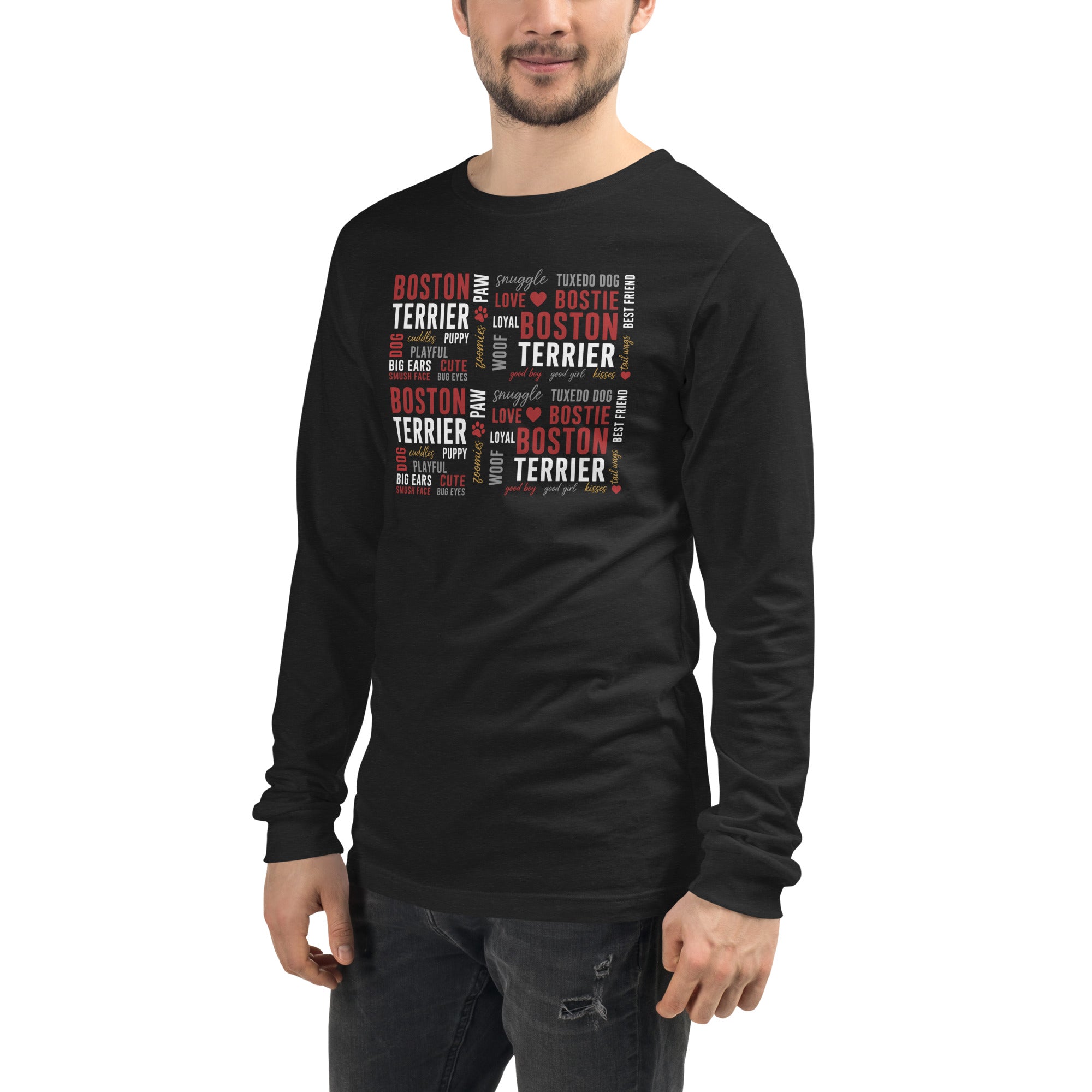 Boston Terrier Word Collage Unisex Long Sleeve Tee – Dog Lover Typography Art .