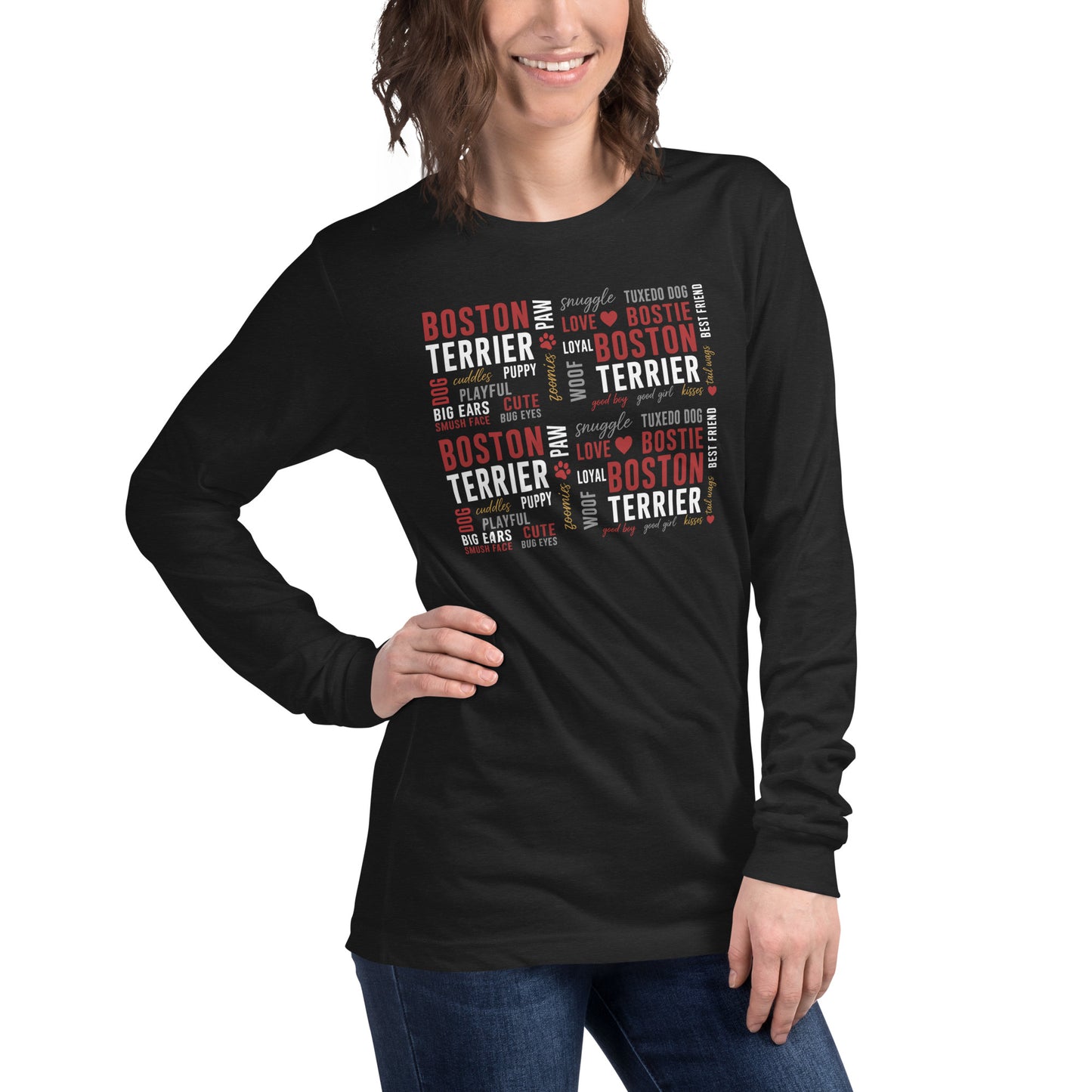 Boston Terrier Word Collage Unisex Long Sleeve Tee – Dog Lover Typography Art .