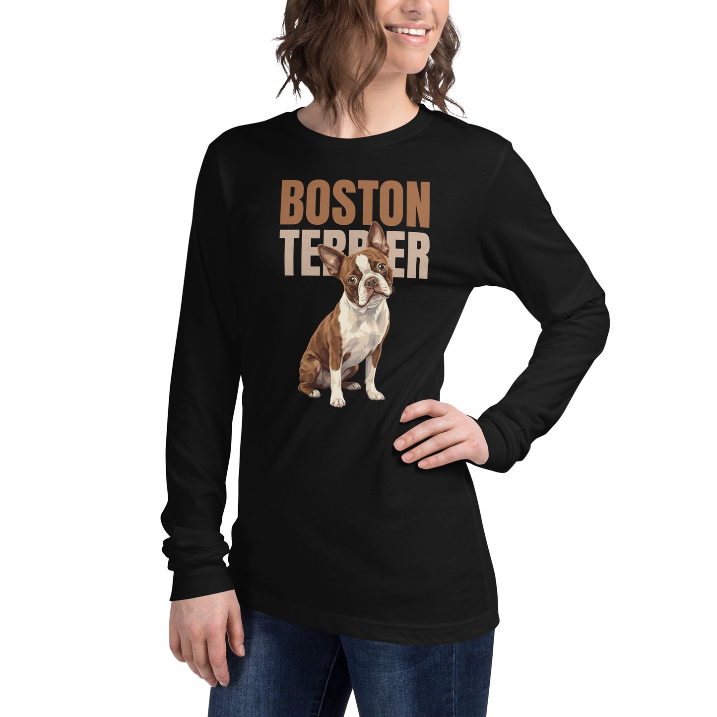 Brown Boston Terrier Dog Unisex Long Sleeve Tee .