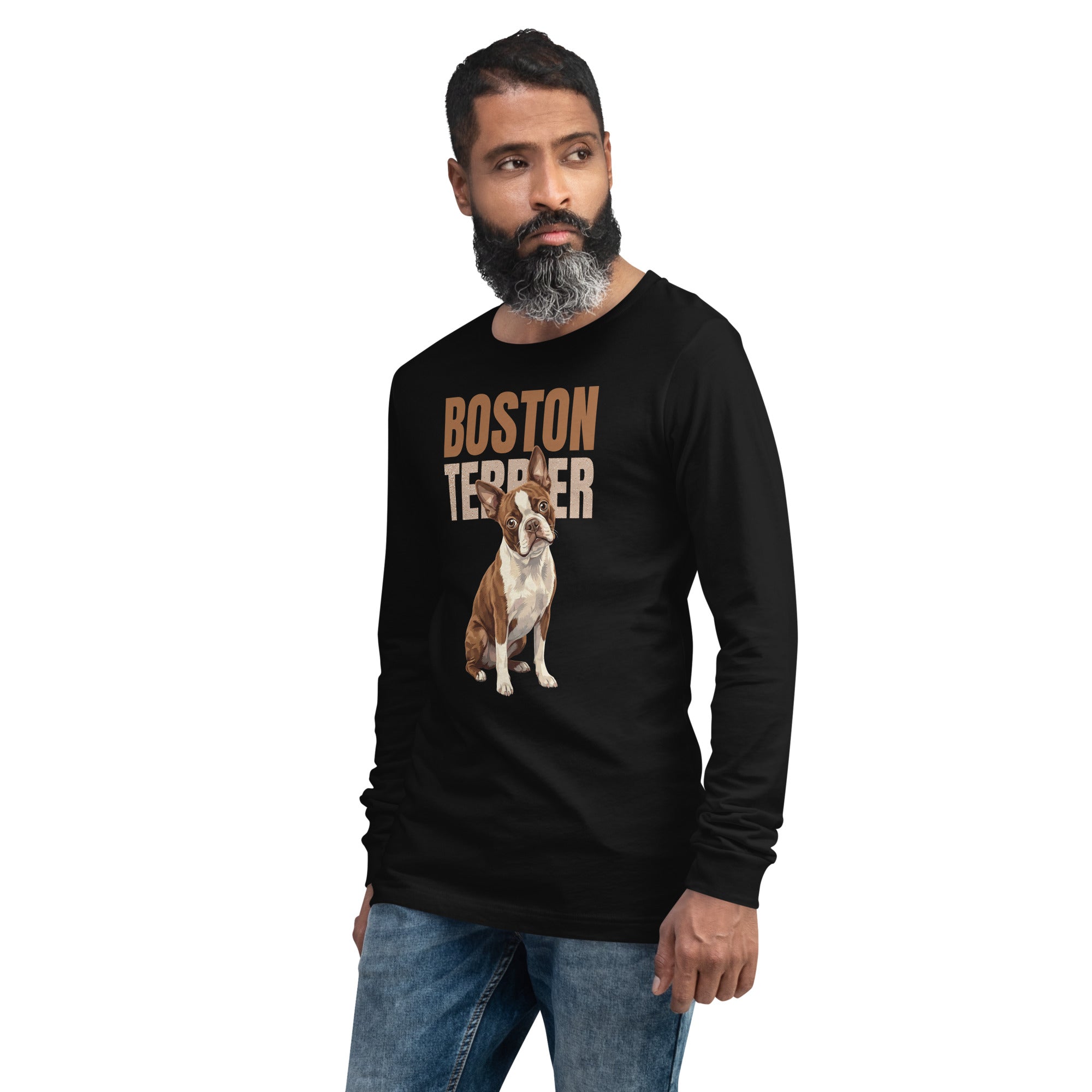 Brown Boston Terrier Dog Unisex Long Sleeve Tee .