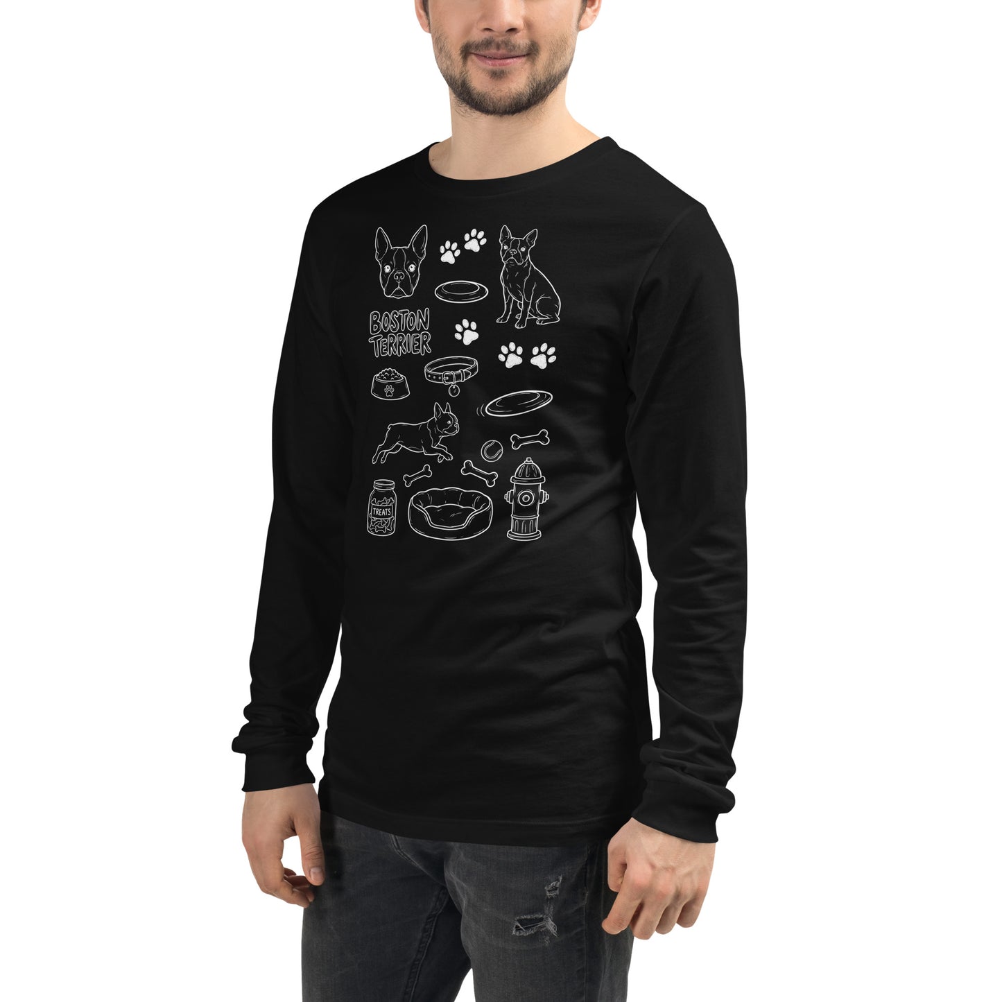 Boston Terrier Doodle Dog Lover Unisex Long Sleeve Tee .