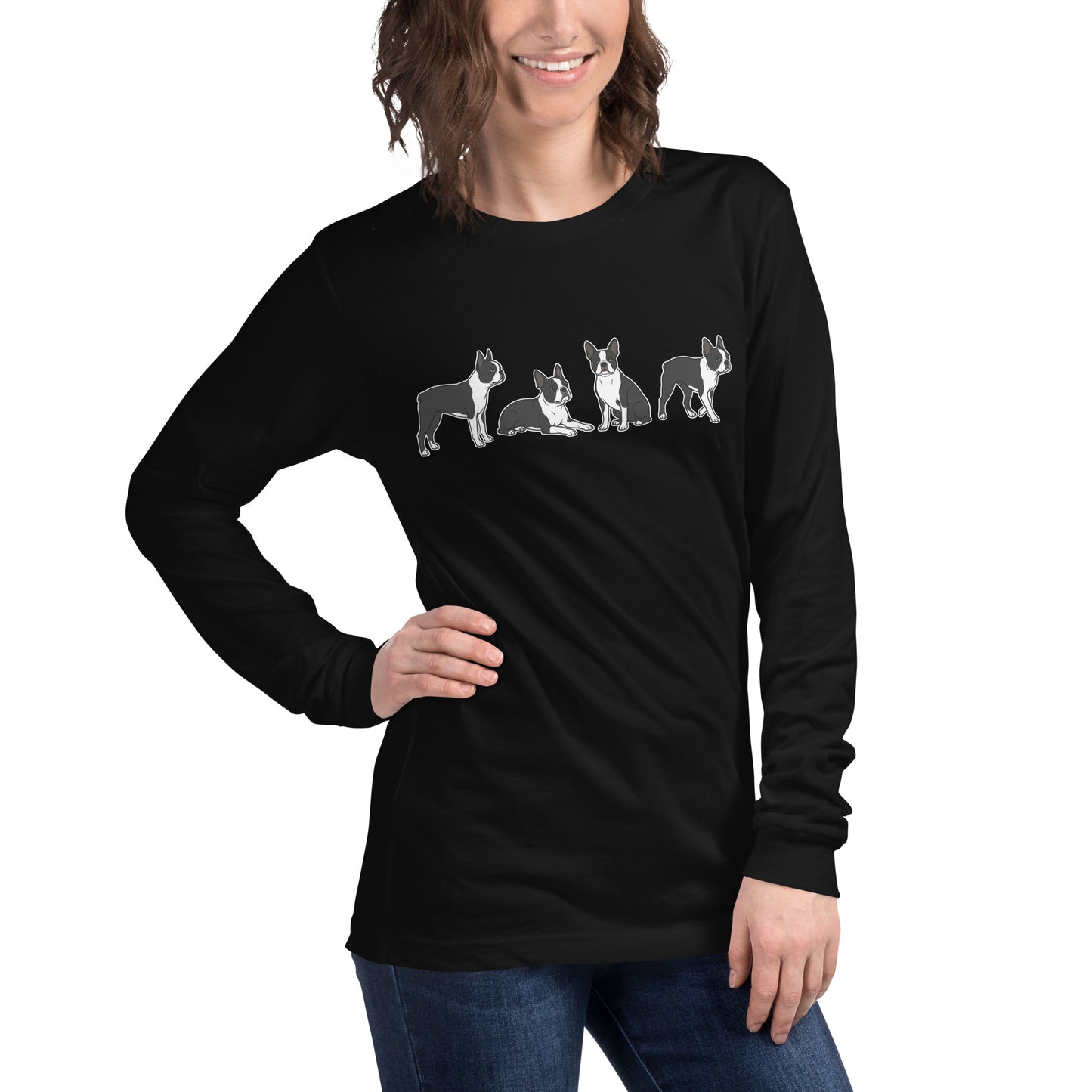 4 Boston Terrier Poses Unisex Long Sleeve Tee .