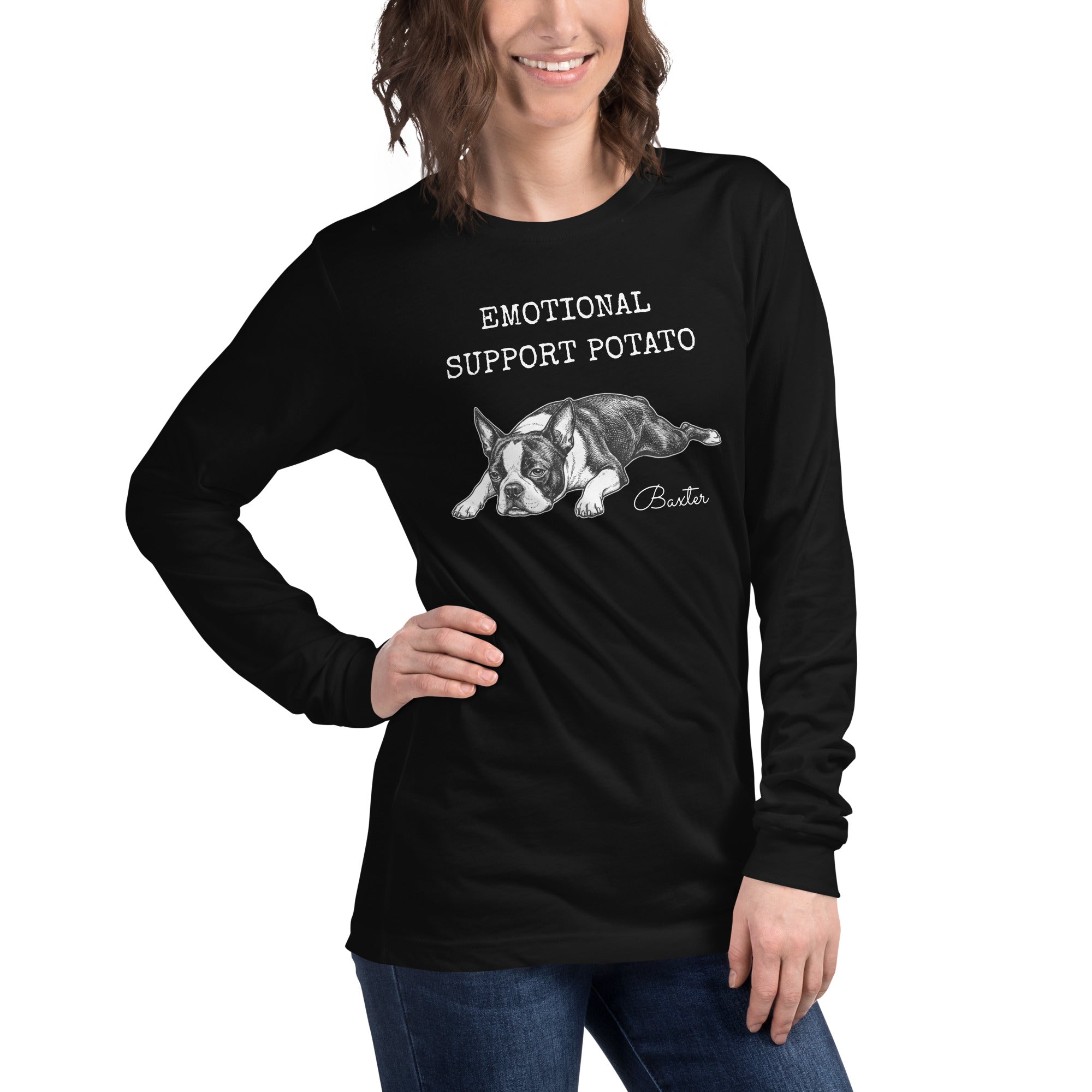 Emotional Support Potato Boston Terrier Dog Unisex Long Sleeve Tee .