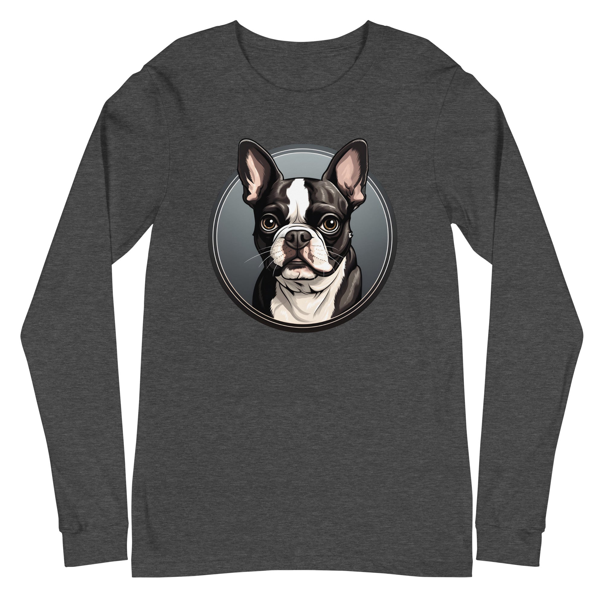 Cartoon Boston Terrier Dog Portrait Unisex Long Sleeve Tee