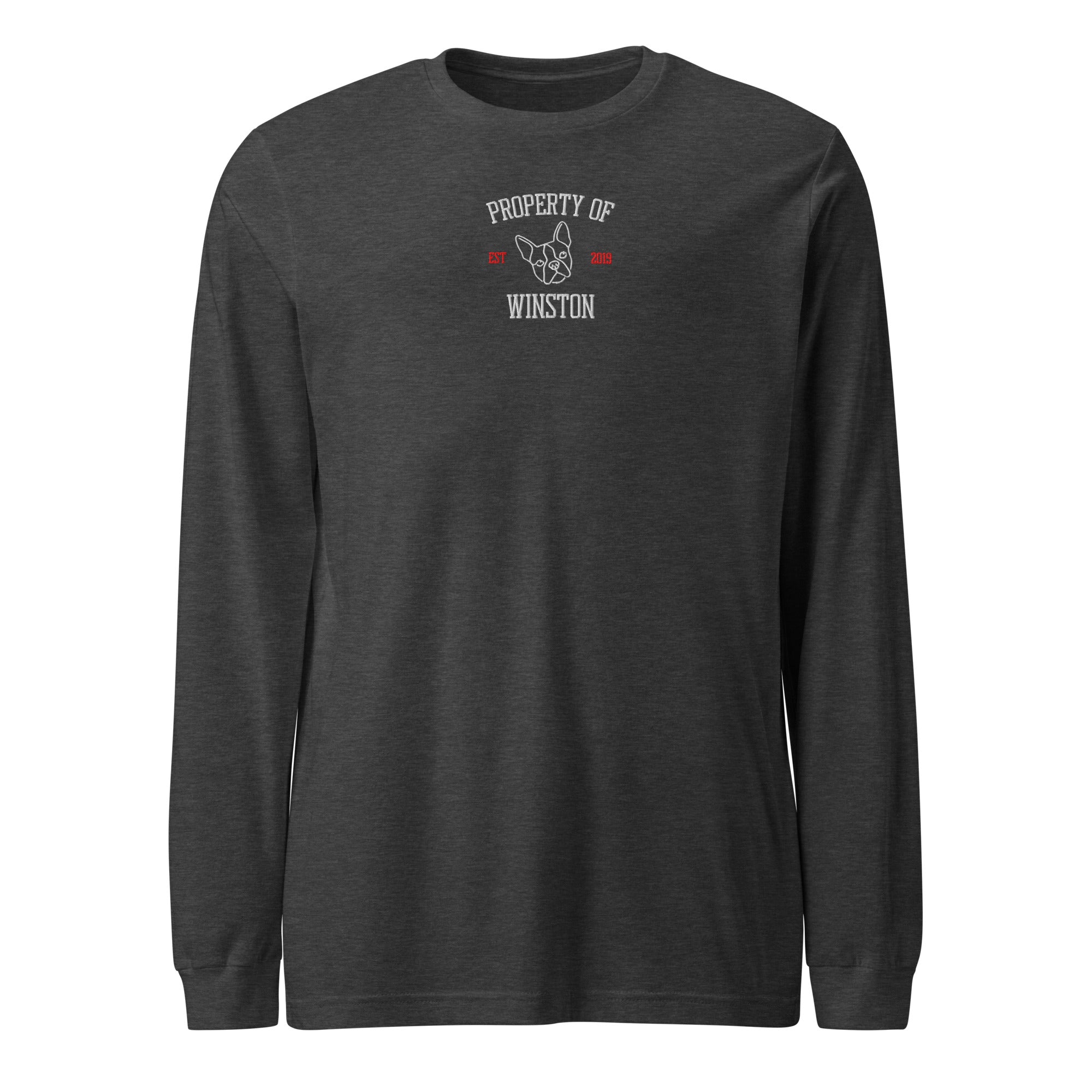 Property Of My Dog Custom Embroidered Unisex Long Sleeve Tee . Dark Grey Heather