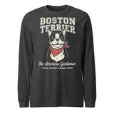 Boston Terrier “The American Gentleman” Chin Rest & Snuggle Expert Unisex Long Sleeve Tee . Dark Grey Heather