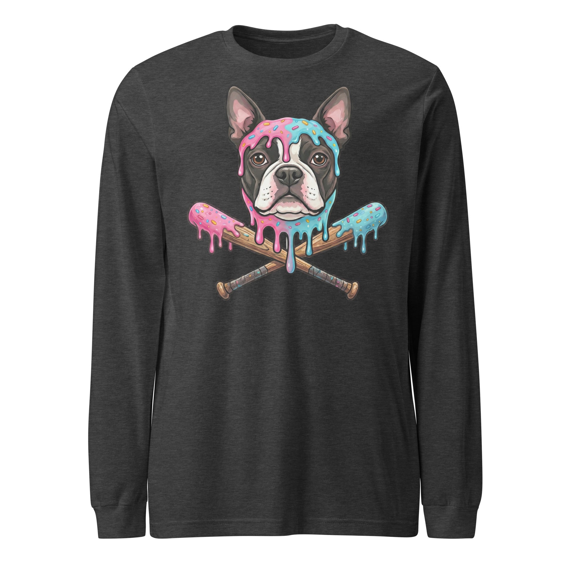 Baseball Drip Boston Terrier Dog Unisex Long Sleeve Tee . Dark Grey Heather