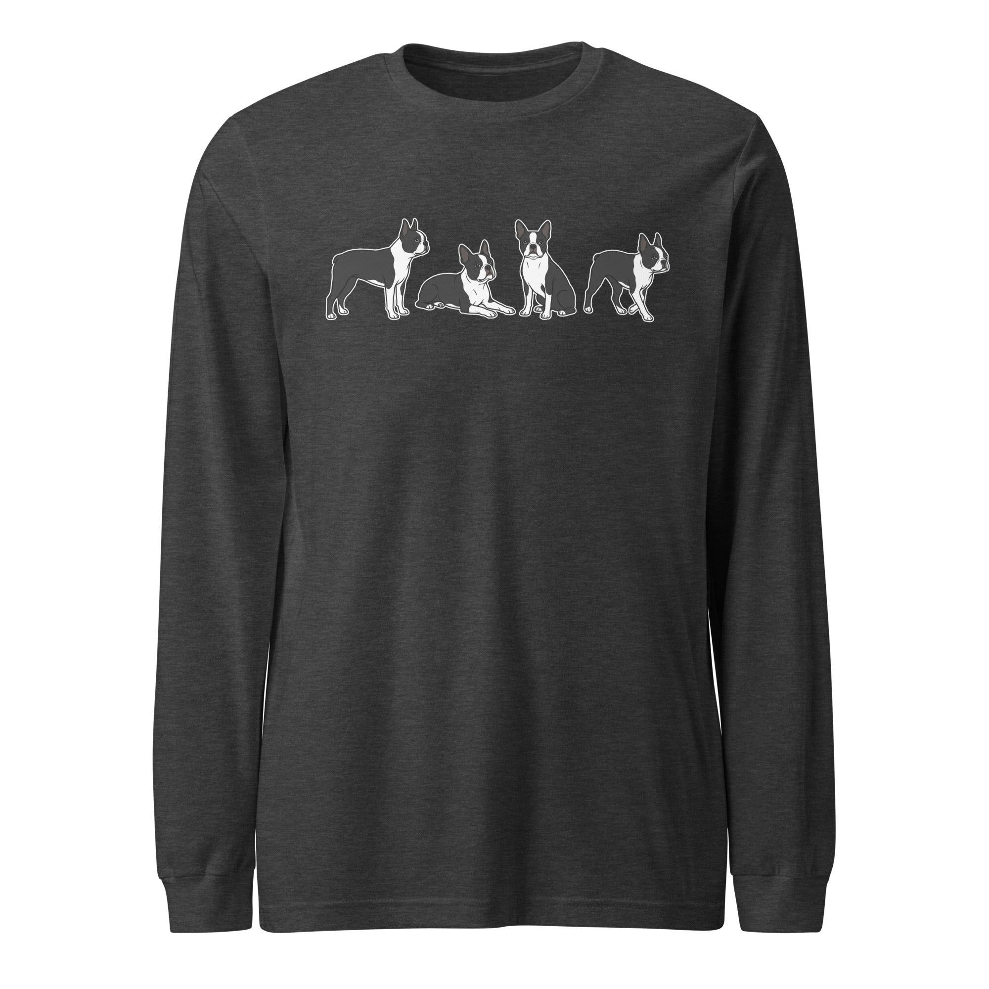 4 Boston Terrier Poses Unisex Long Sleeve Tee . Dark Grey Heather
