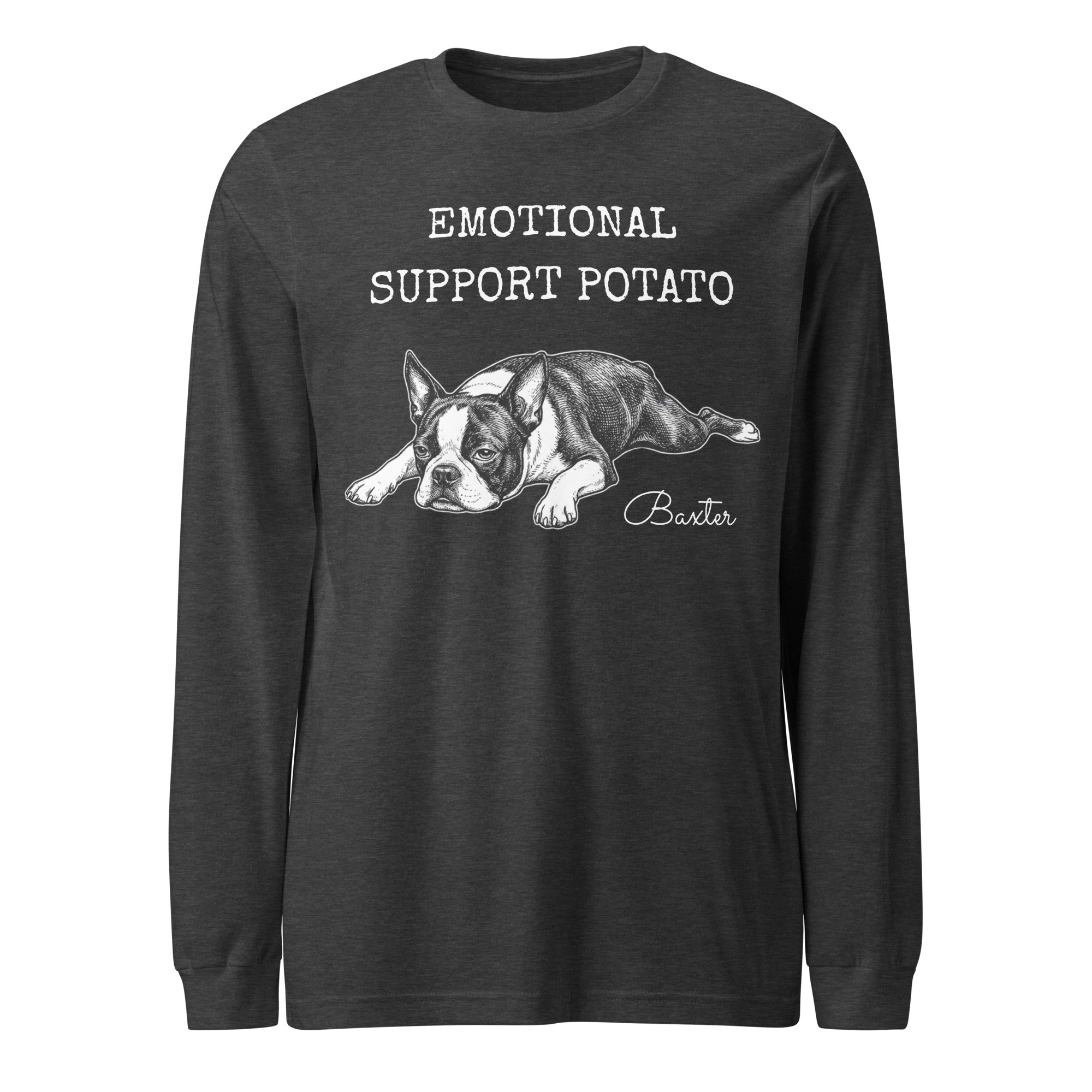 Emotional Support Potato Boston Terrier Dog Unisex Long Sleeve Tee . Dark Grey Heather