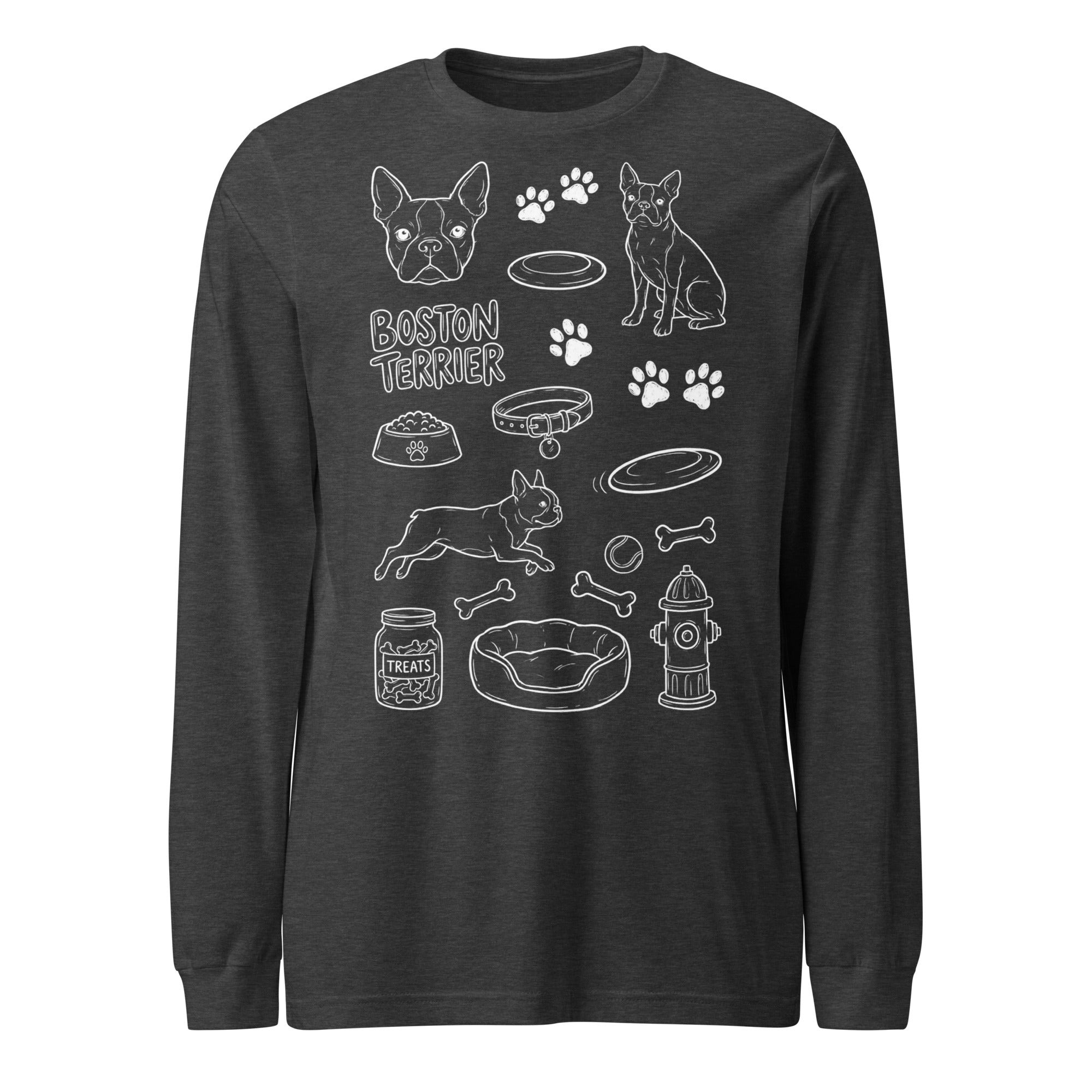 Boston Terrier Doodle Dog Lover Unisex Long Sleeve Tee . Dark Grey Heather