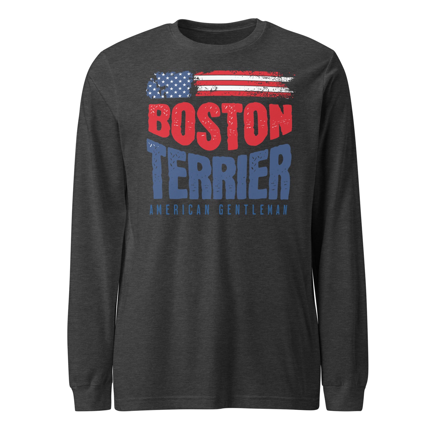 Boston Terrier American Flag Unisex Long Sleeve Shirt – 4th of July Patriotic Dog Tee | USA 250th Birthday Shirt . Dark Grey Heather