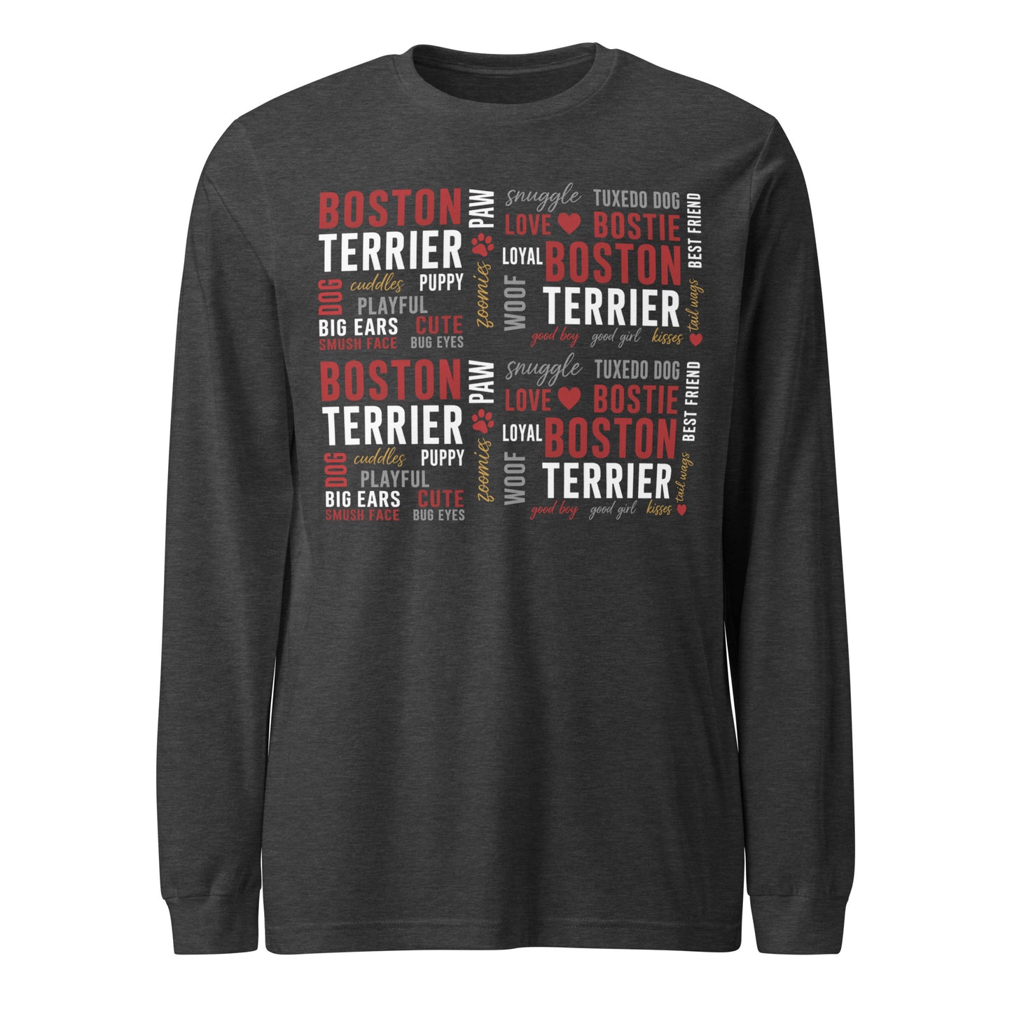 Boston Terrier Word Collage Unisex Long Sleeve Tee – Dog Lover Typography Art . Dark Grey Heather