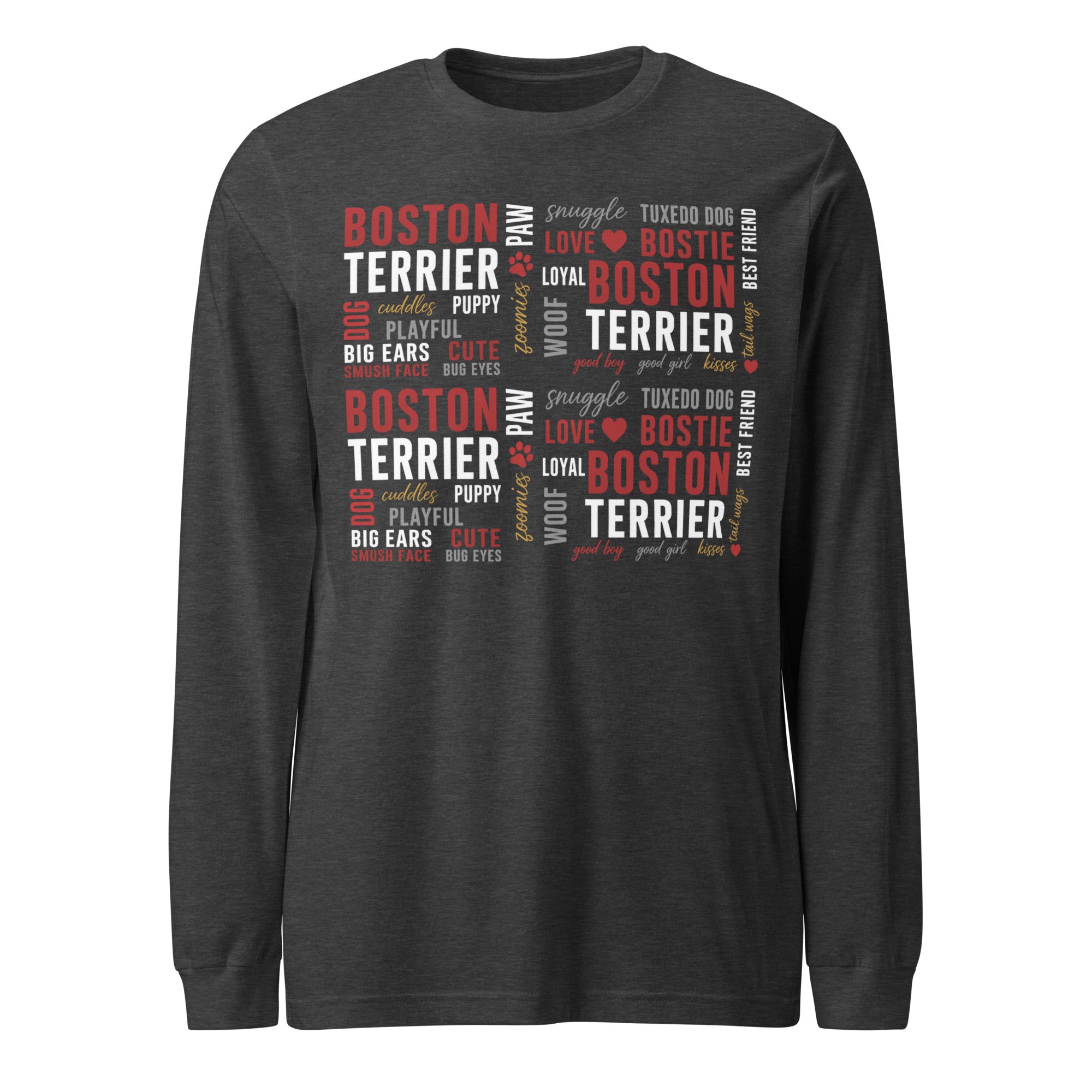 Boston Terrier Word Collage Unisex Long Sleeve Tee – Dog Lover Typography Art . Dark Grey Heather