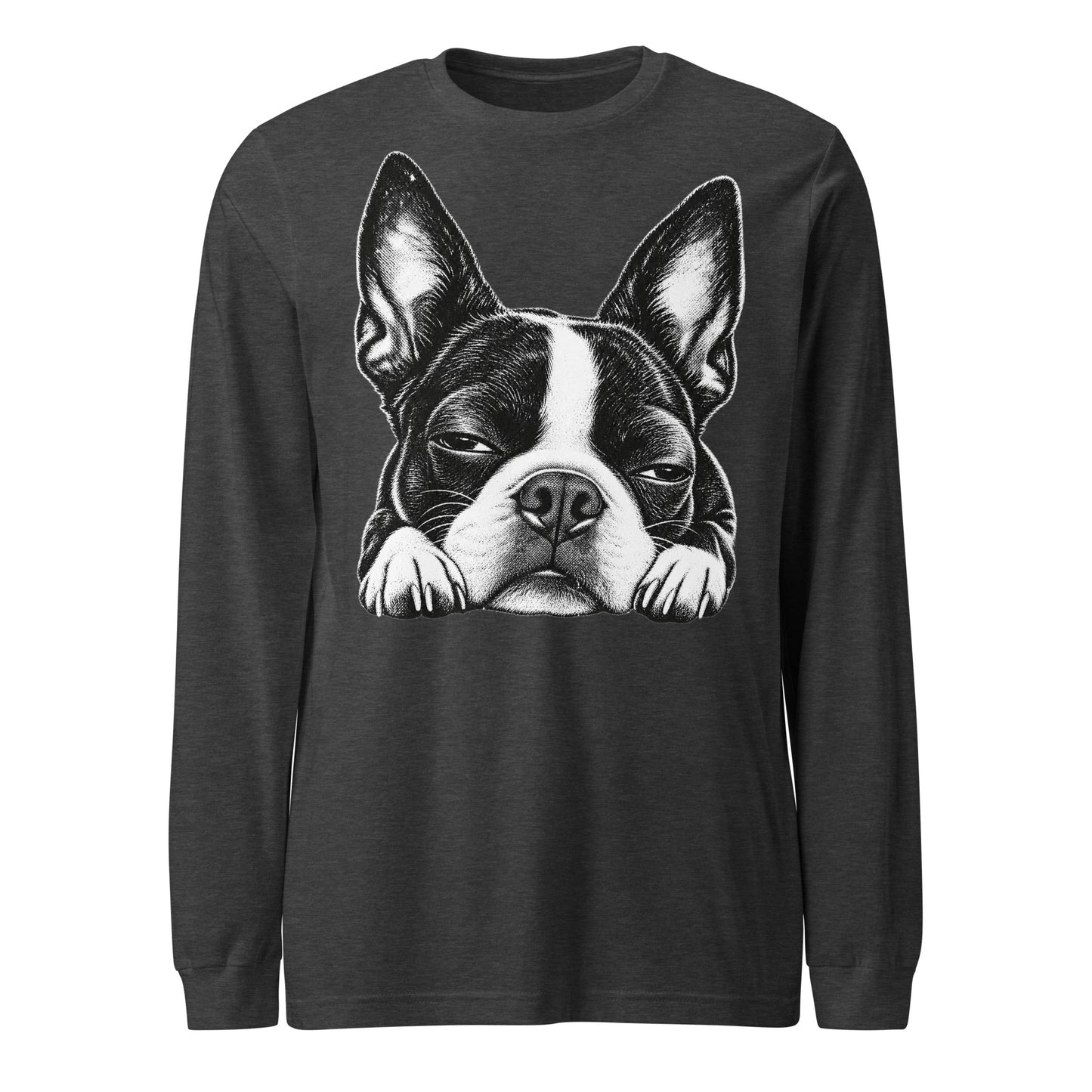 Sleepy Boston Terrier Dog Unisex Long Sleeve Tee . Dark Grey Heather