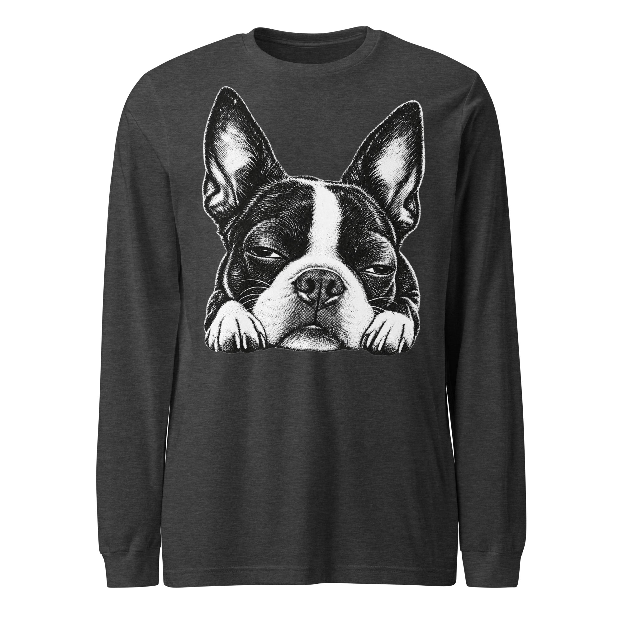 Sleepy Boston Terrier Dog Unisex Long Sleeve Tee . Dark Grey Heather