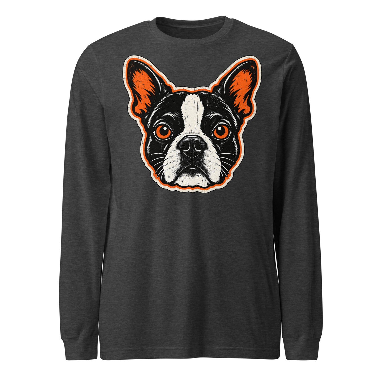 Halloween Boston Terrier Face Unisex Long Sleeve Tee . Dark Grey Heather