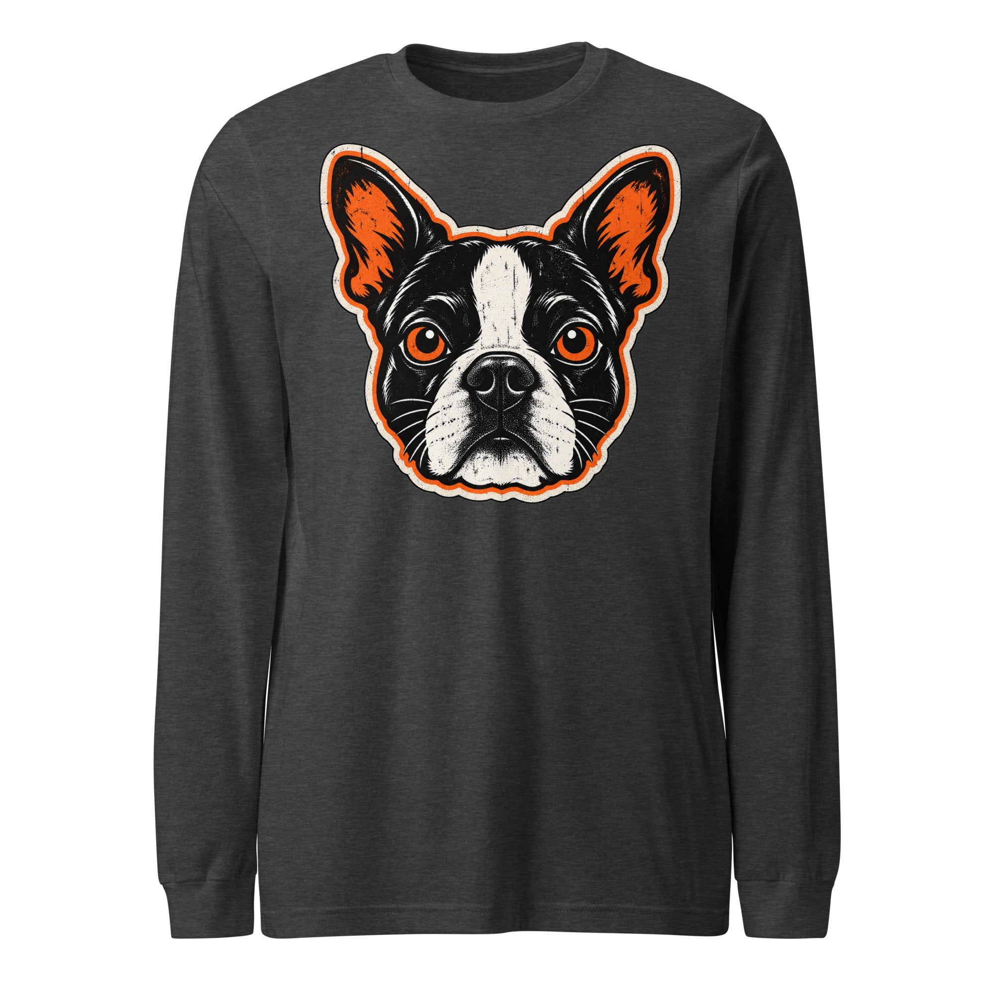 Halloween Boston Terrier Face Unisex Long Sleeve Tee . Dark Grey Heather