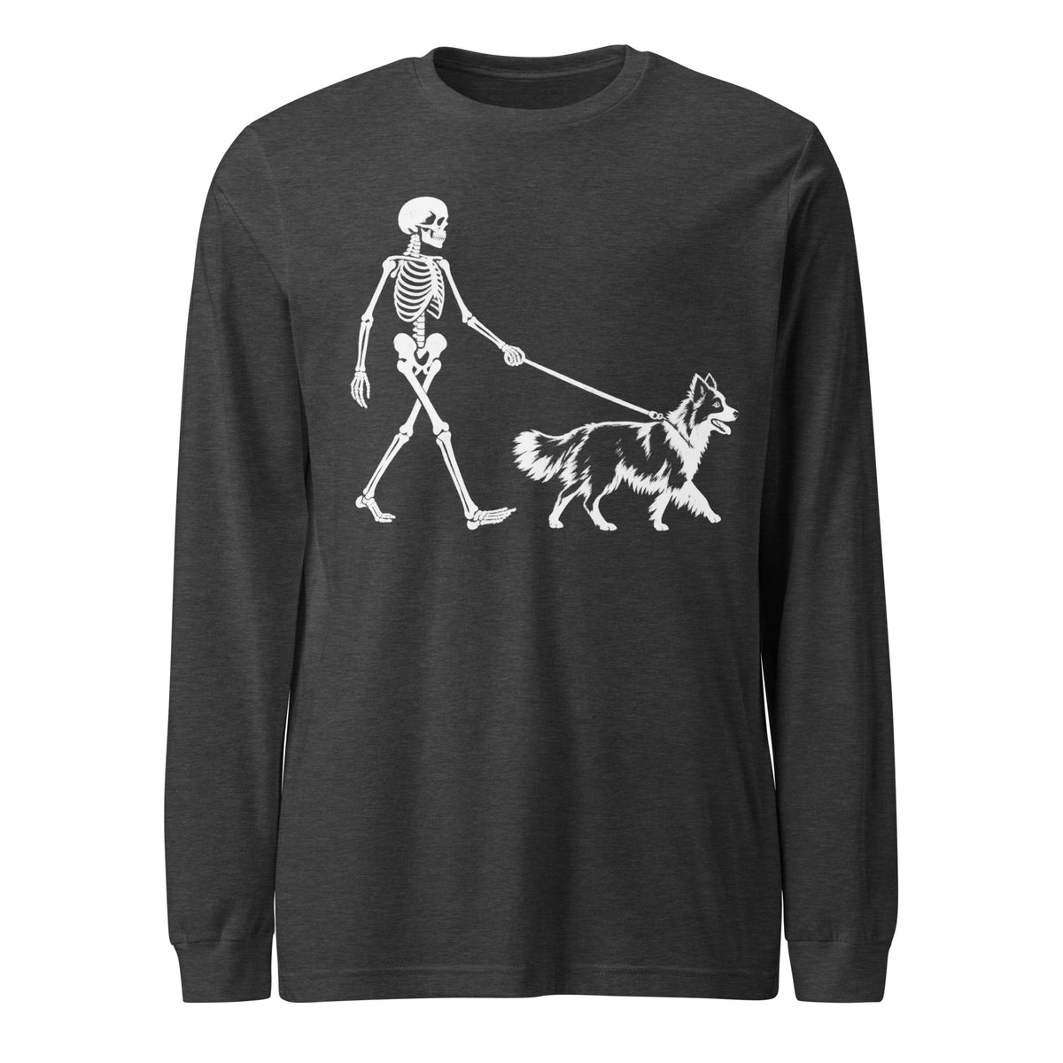 Skeleton Walking Border Collie Halloween Unisex Long Sleeve Tee . Dark Grey Heather