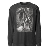 Boston Terrier Bigfoot Chase – Funny Sasquatch Dog Graphic Unisex Long Sleeve Tee . Dark Grey Heather