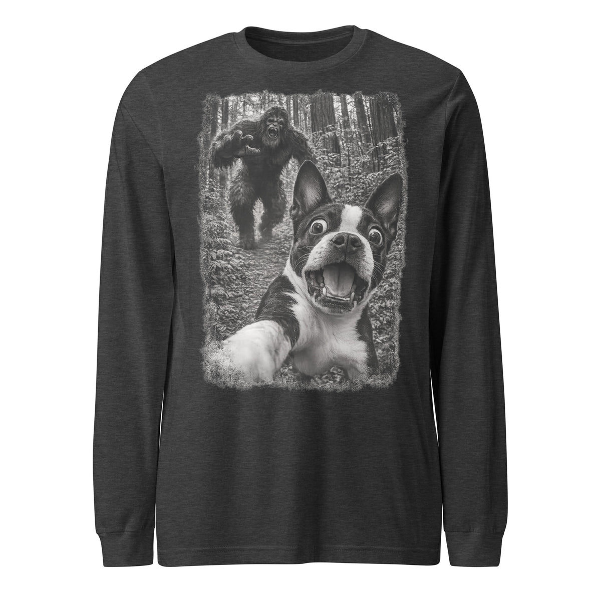 Boston Terrier Bigfoot Chase – Funny Sasquatch Dog Graphic Unisex Long Sleeve Tee . Dark Grey Heather