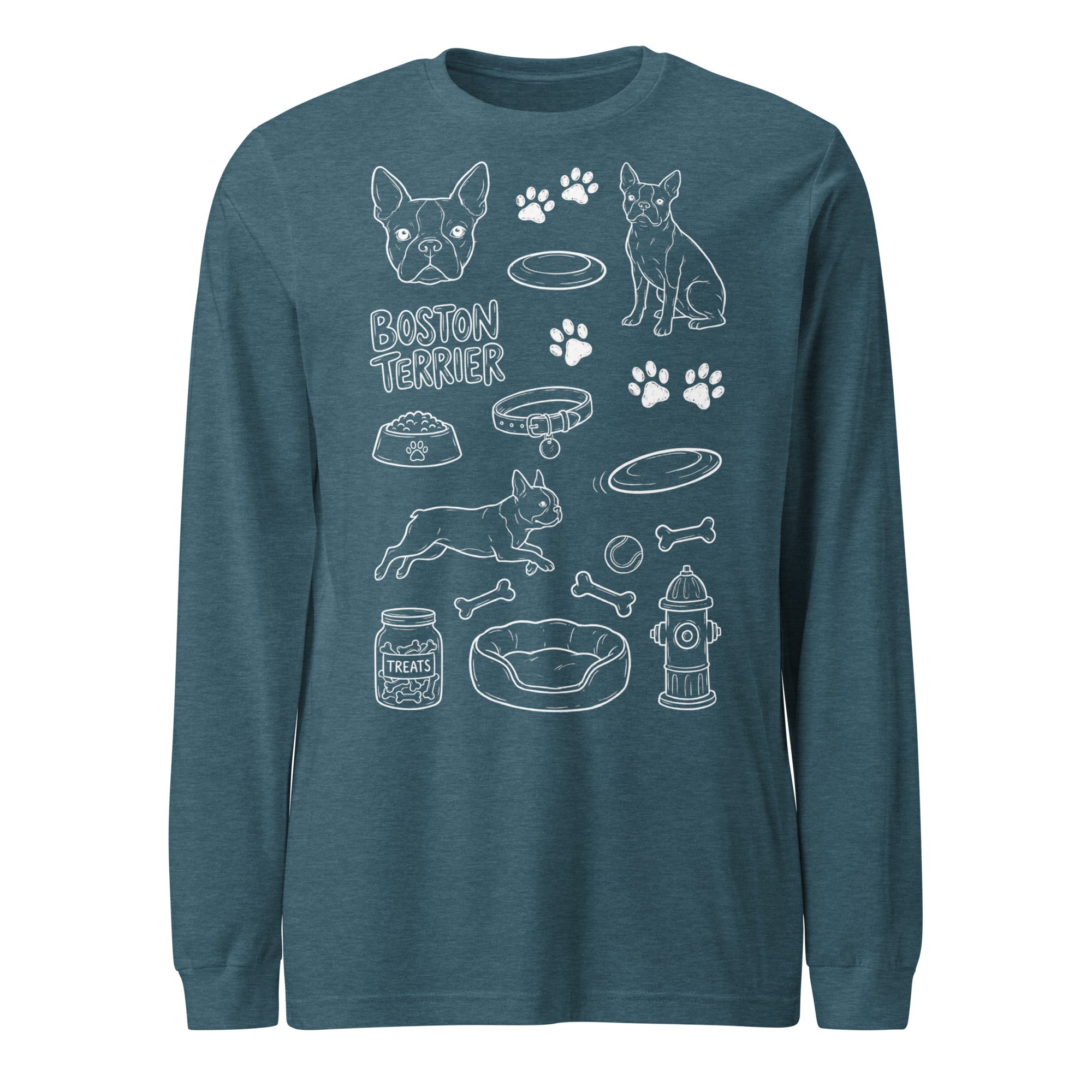 Boston Terrier Doodle Dog Lover Unisex Long Sleeve Tee . Heather Deep Teal