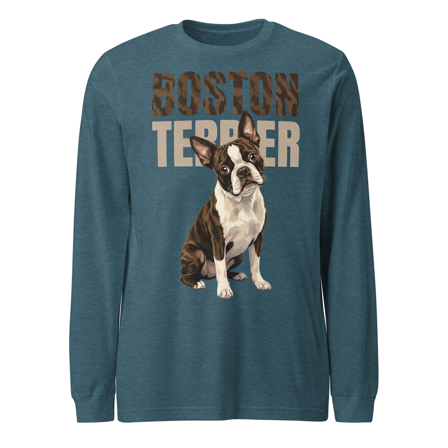 Brindle Boston Terrier Dog Unisex Long Sleeve Tee . Heather Deep Teal
