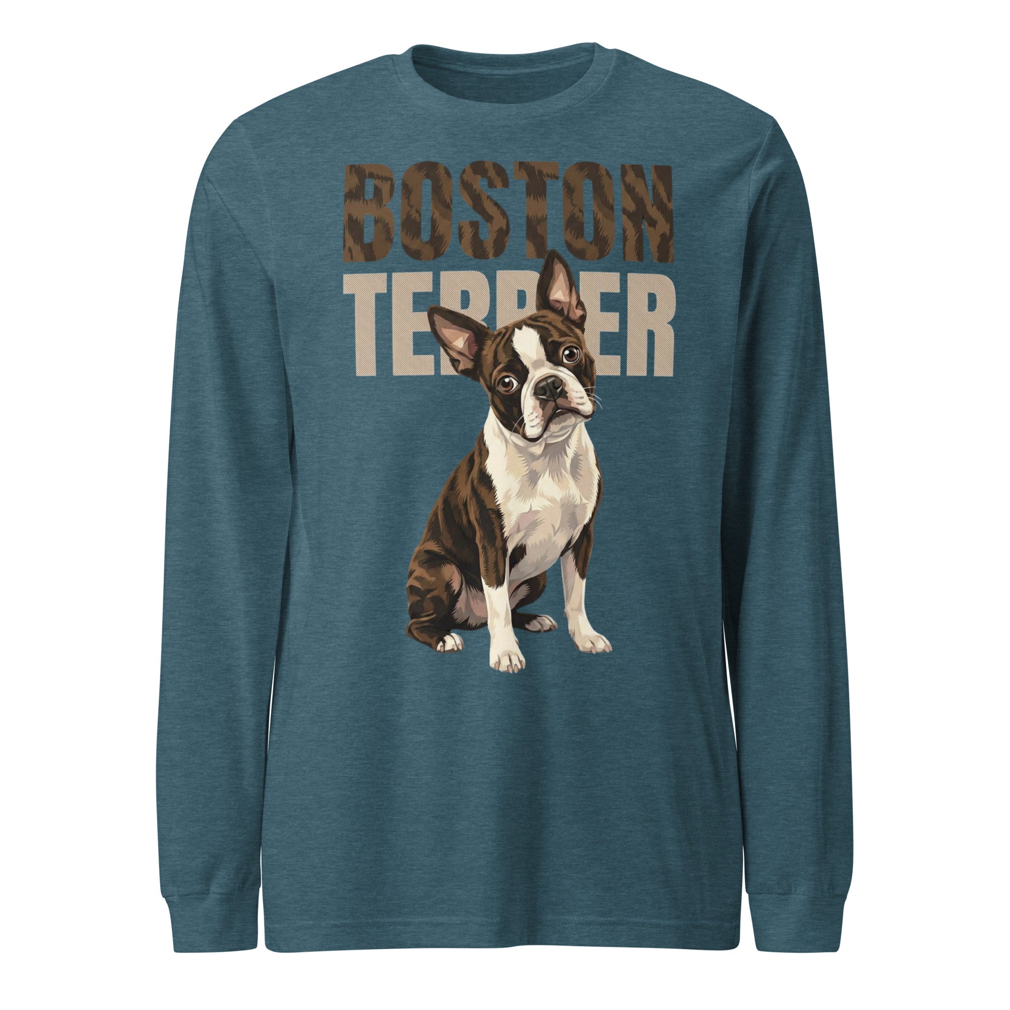 Brindle Boston Terrier Dog Unisex Long Sleeve Tee . Heather Deep Teal