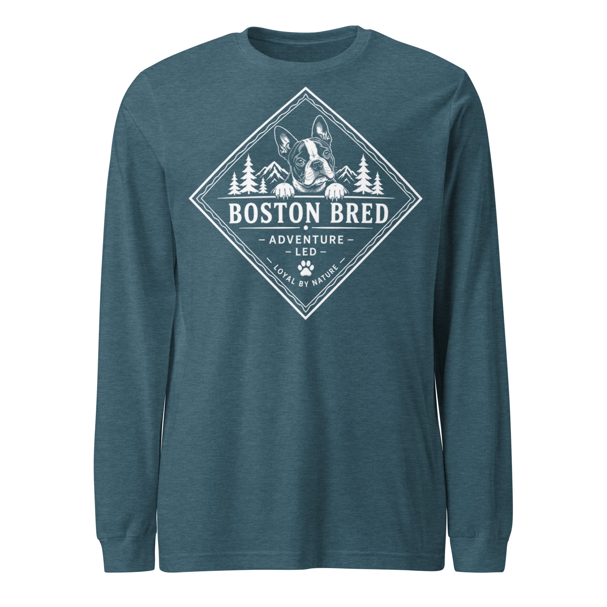 Boston Bred Adventure Led – Outdoor And Hiking Dog Lover Unisex Long Sleeve Tee . Heather Deep Teal