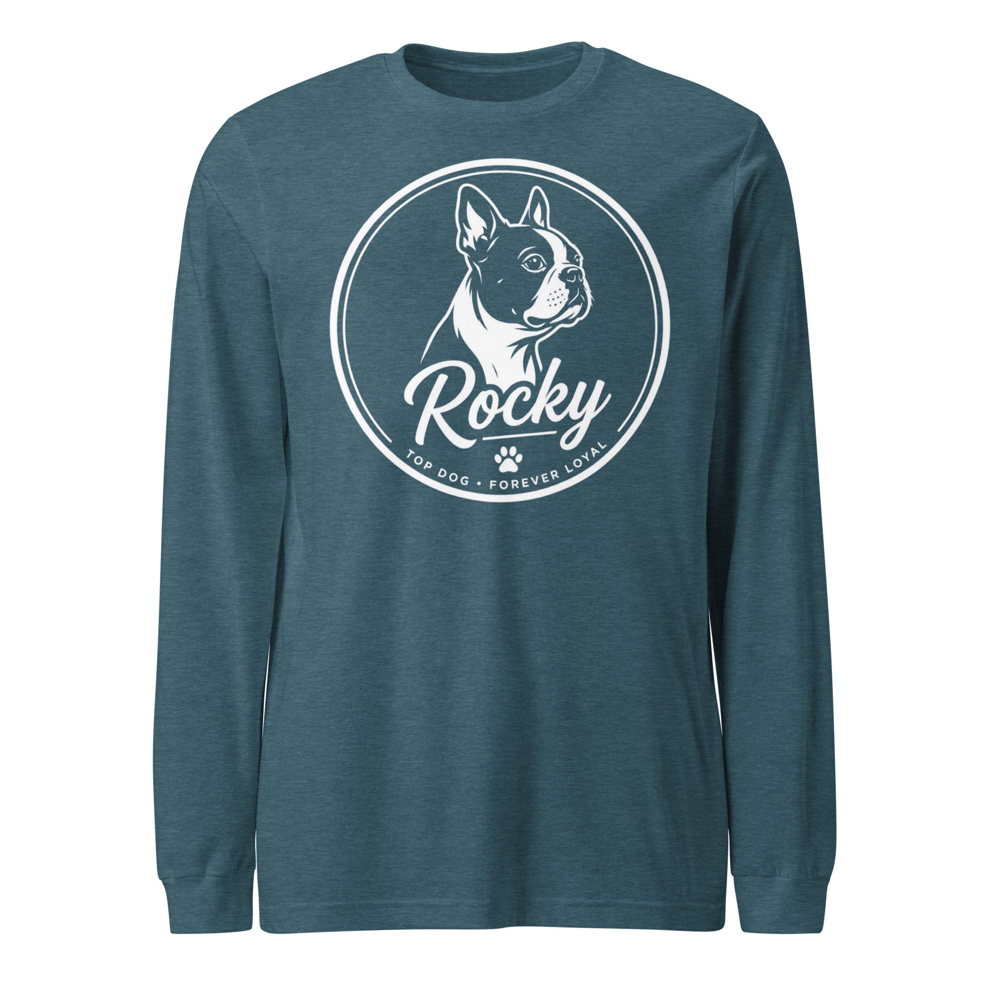 Personalized Dog Silhouette Long Sleeve Tee with Custom Name & Tagline . Heather Deep Teal