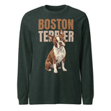 Brown Boston Terrier Dog Unisex Long Sleeve Tee . Heather Forest