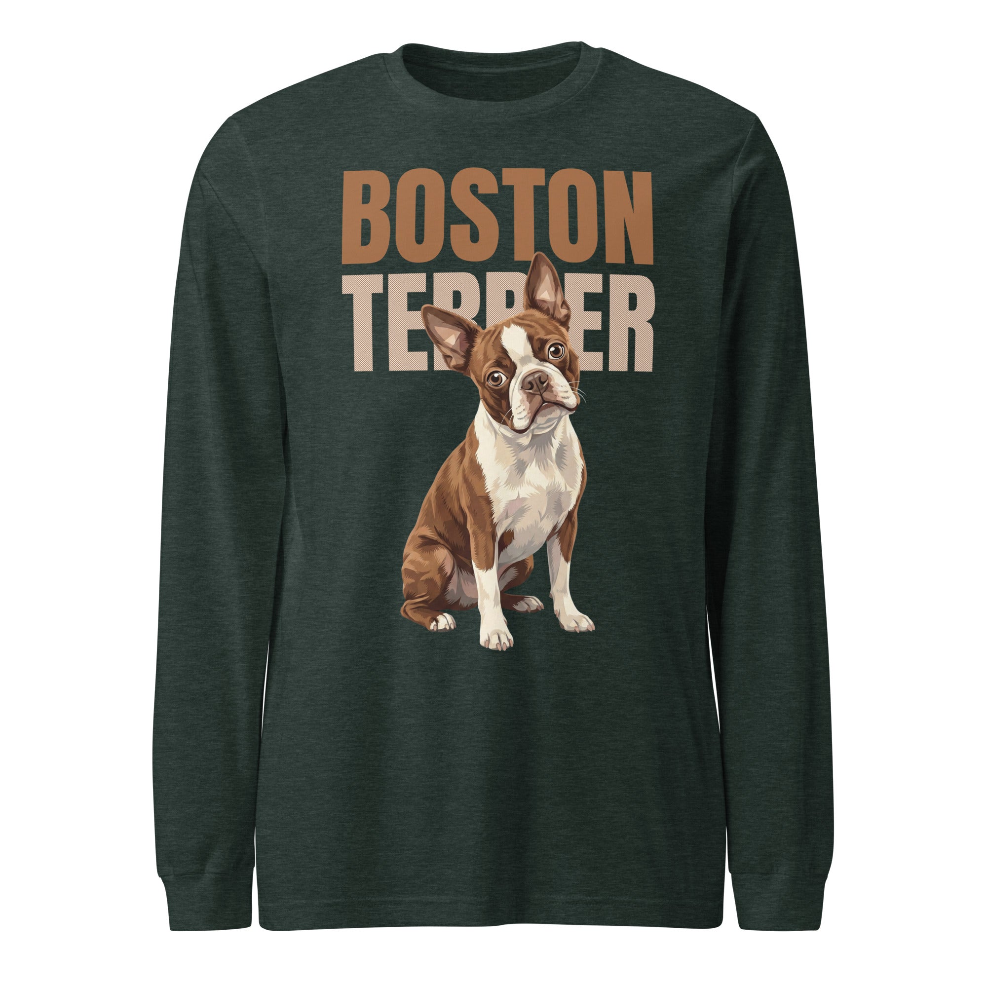 Brown Boston Terrier Dog Unisex Long Sleeve Tee . Heather Forest
