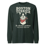 Boston Terrier “The American Gentleman” Chin Rest & Snuggle Expert Unisex Long Sleeve Tee . Heather Forest