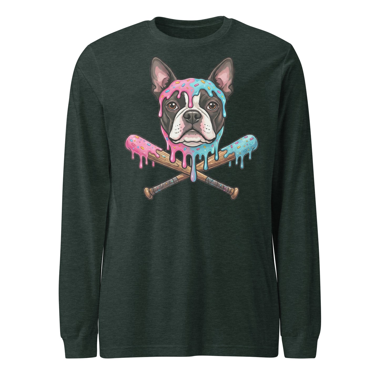 Baseball Drip Boston Terrier Dog Unisex Long Sleeve Tee . Heather Forest