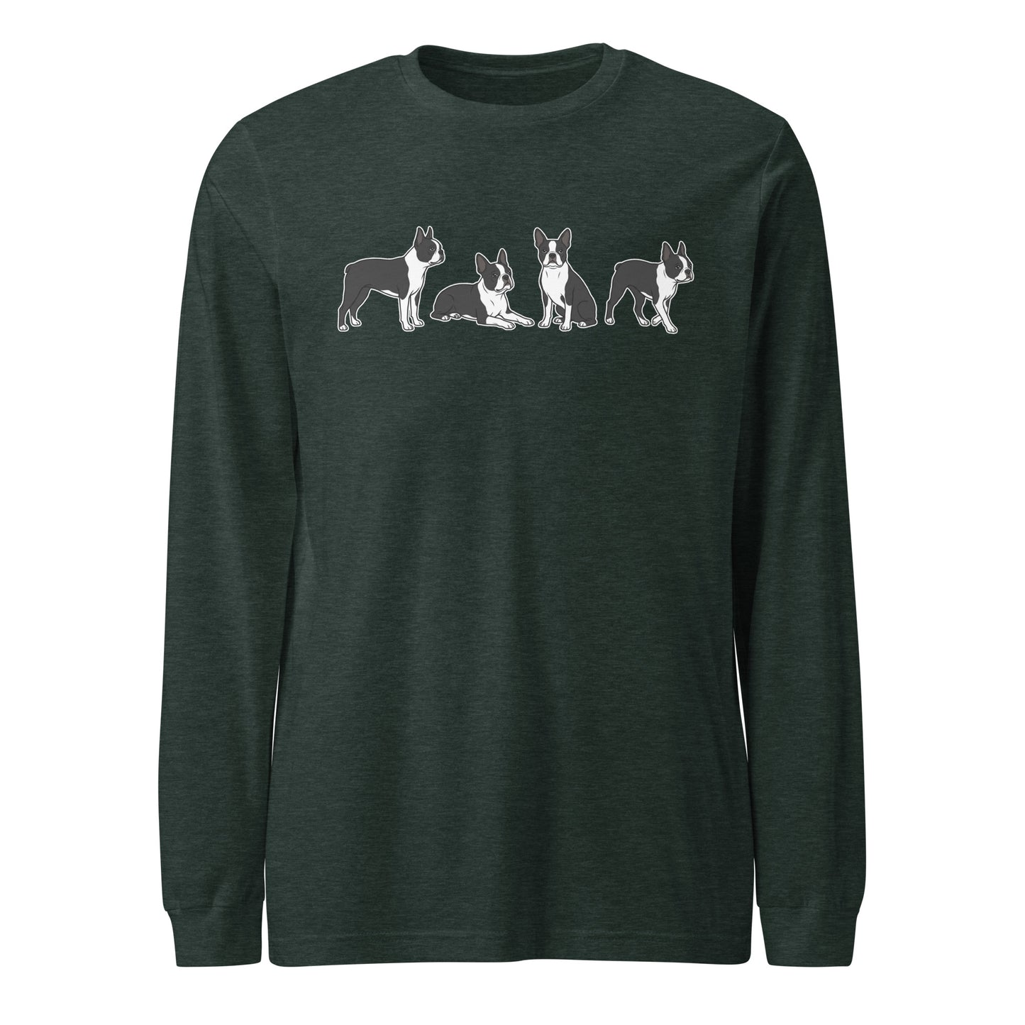 4 Boston Terrier Poses Unisex Long Sleeve Tee . Heather Forest