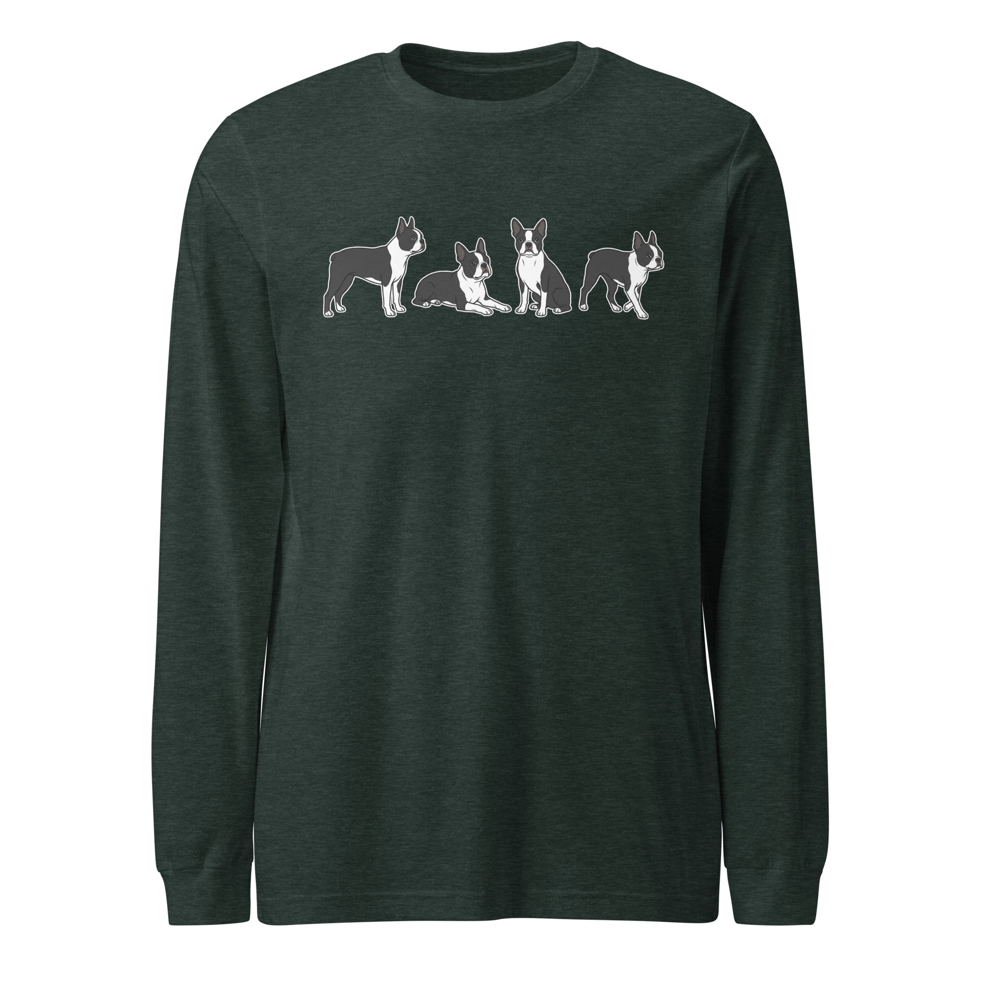 4 Boston Terrier Poses Unisex Long Sleeve Tee . Heather Forest