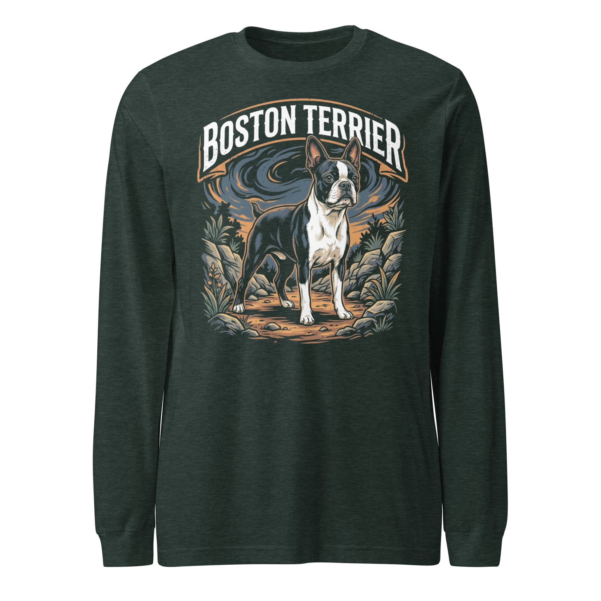 Boston Terrier Wilderness Guardian Unisex Long Sleeve Tee . Heather Forest