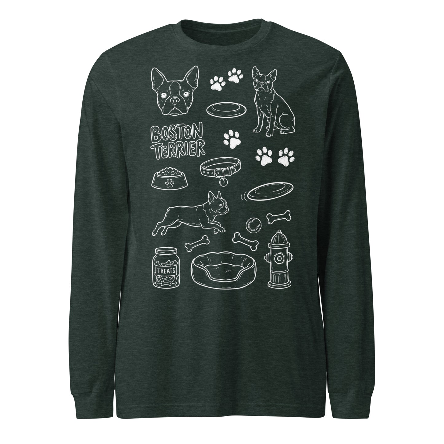 Boston Terrier Doodle Dog Lover Unisex Long Sleeve Tee . Heather Forest