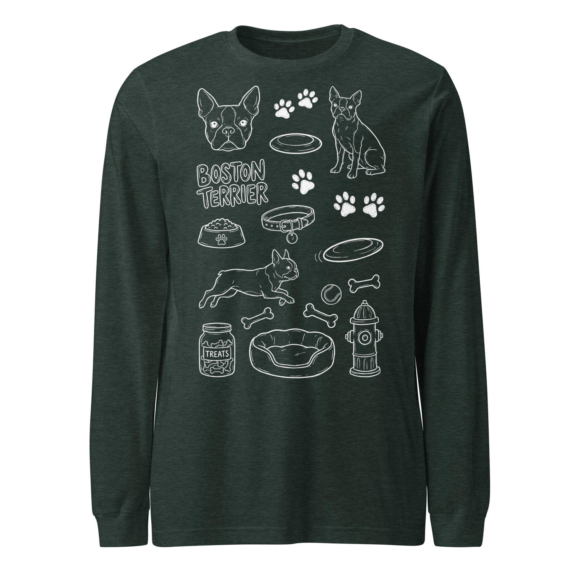 Boston Terrier Doodle Dog Lover Unisex Long Sleeve Tee . Heather Forest