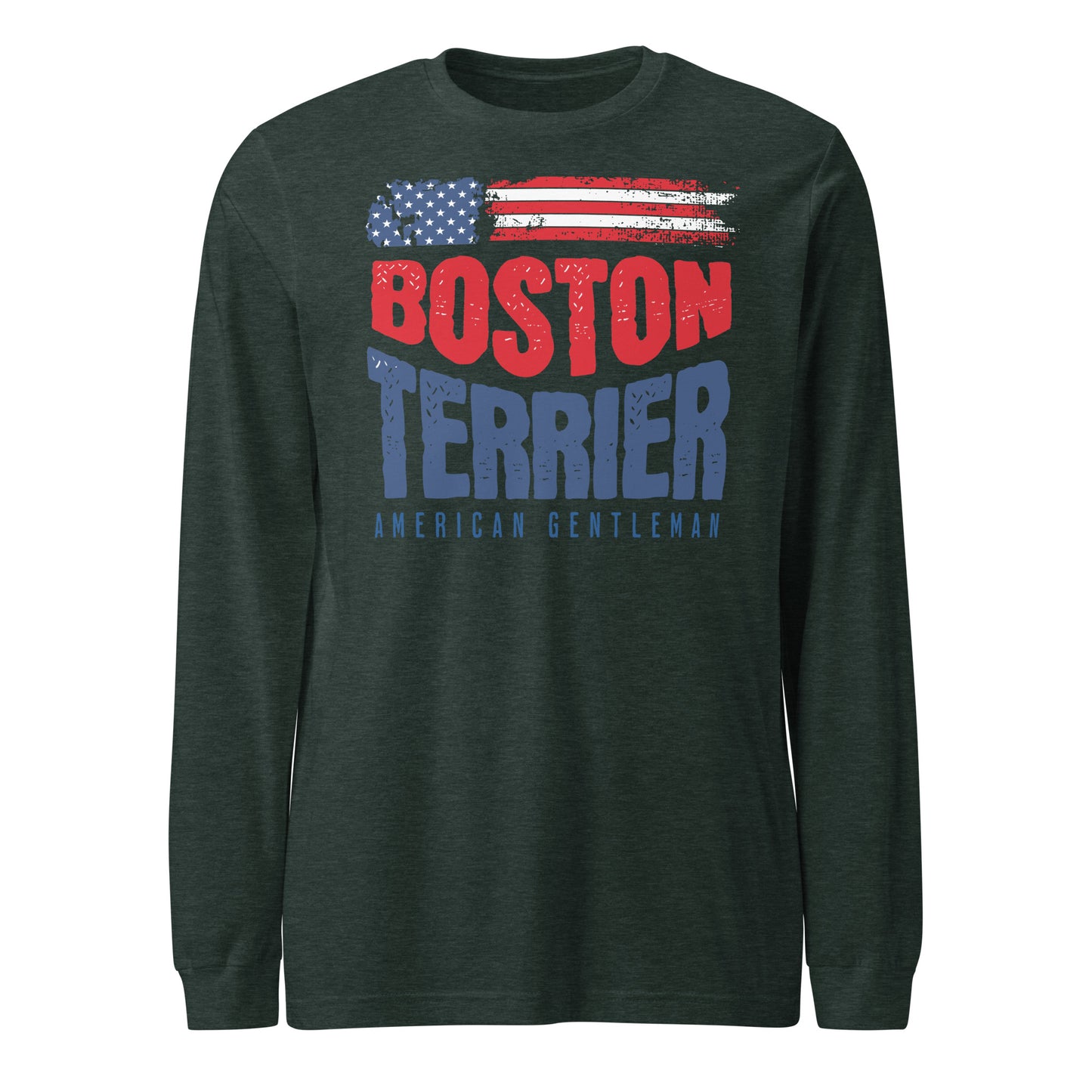 Boston Terrier American Flag Unisex Long Sleeve Shirt – 4th of July Patriotic Dog Tee | USA 250th Birthday Shirt . Heather Forest