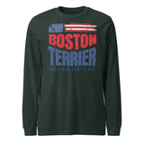 Boston Terrier American Flag Unisex Long Sleeve Shirt – 4th of July Patriotic Dog Tee | USA 250th Birthday Shirt . Heather Forest