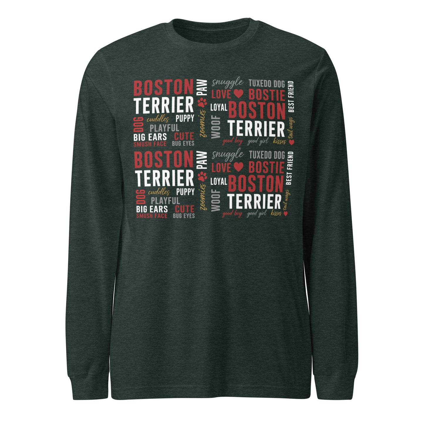 Boston Terrier Word Collage Unisex Long Sleeve Tee – Dog Lover Typography Art . Heather Forest