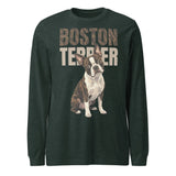 Brindle Boston Terrier Dog Unisex Long Sleeve Tee . Heather Forest