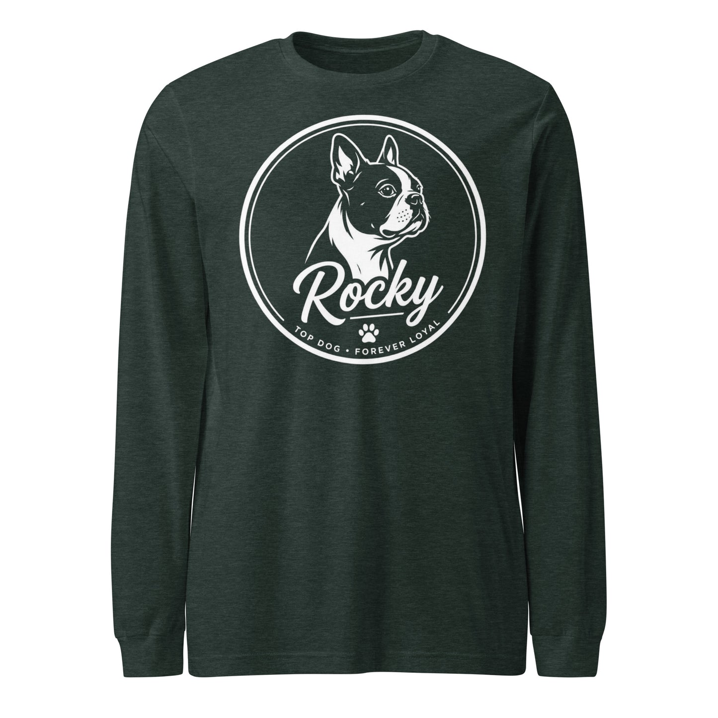 Personalized Dog Silhouette Long Sleeve Tee with Custom Name & Tagline . Heather Forest