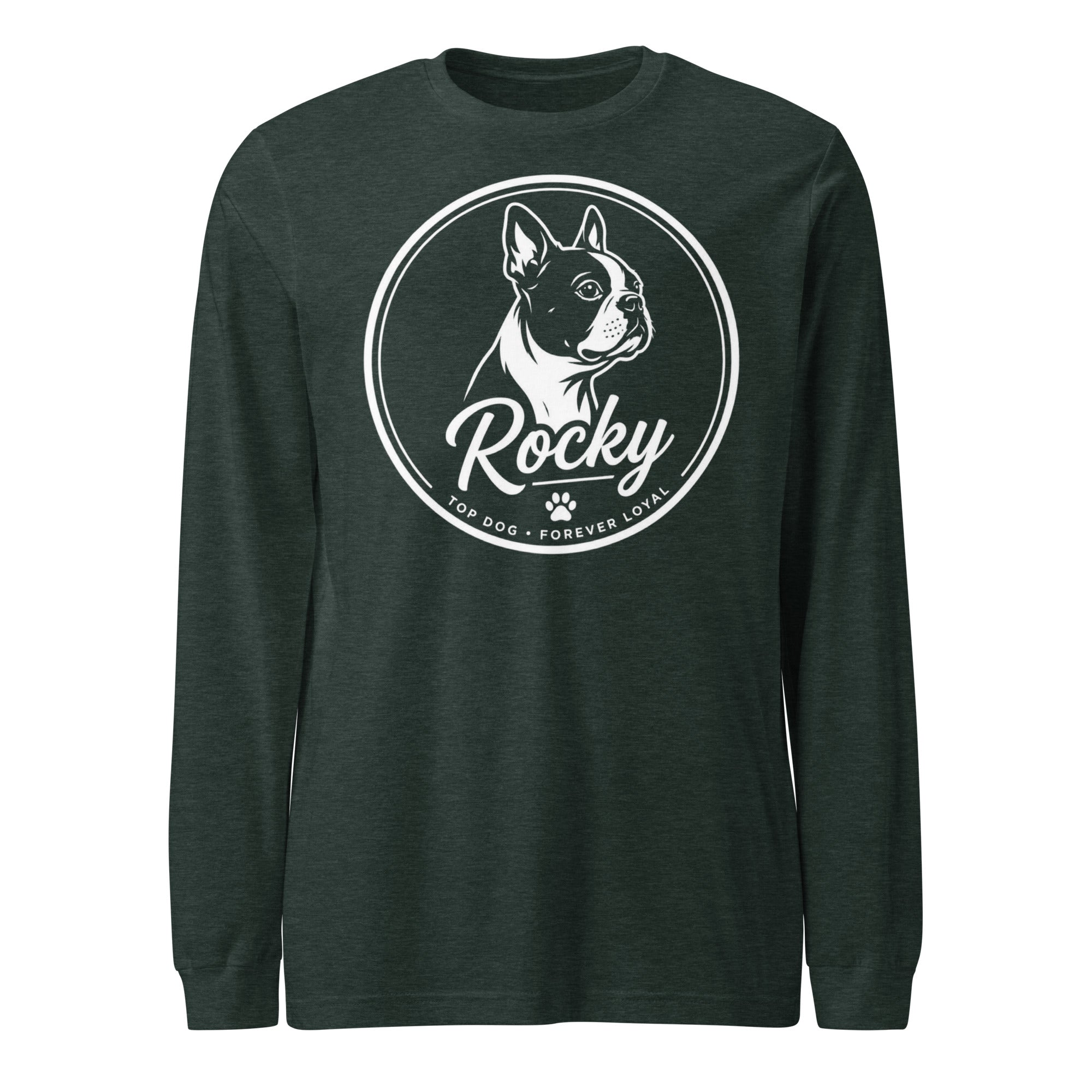 Personalized Dog Silhouette Long Sleeve Tee with Custom Name & Tagline . Heather Forest