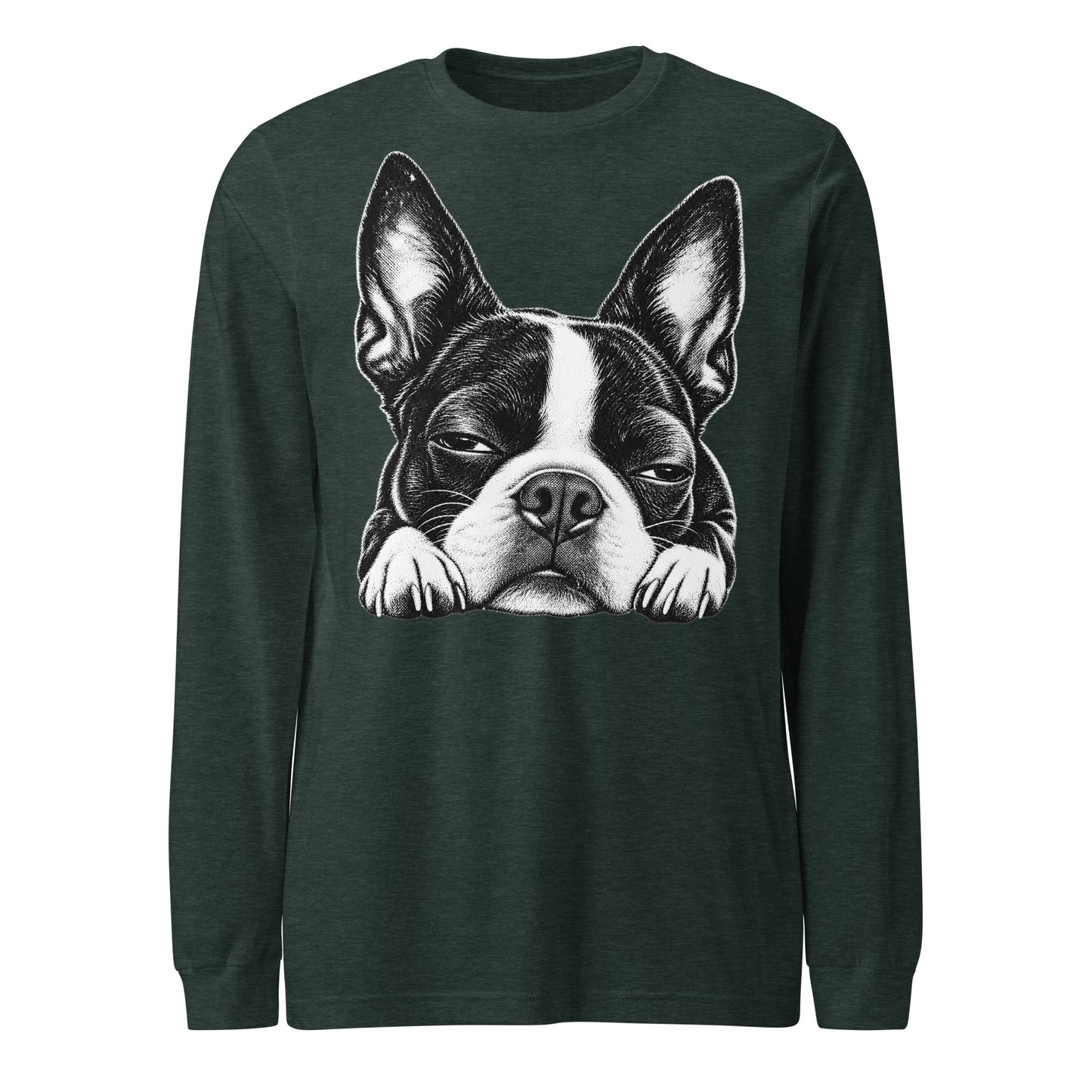 Sleepy Boston Terrier Dog Unisex Long Sleeve Tee . Heather Forest