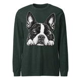Sleepy Boston Terrier Dog Unisex Long Sleeve Tee . Heather Forest