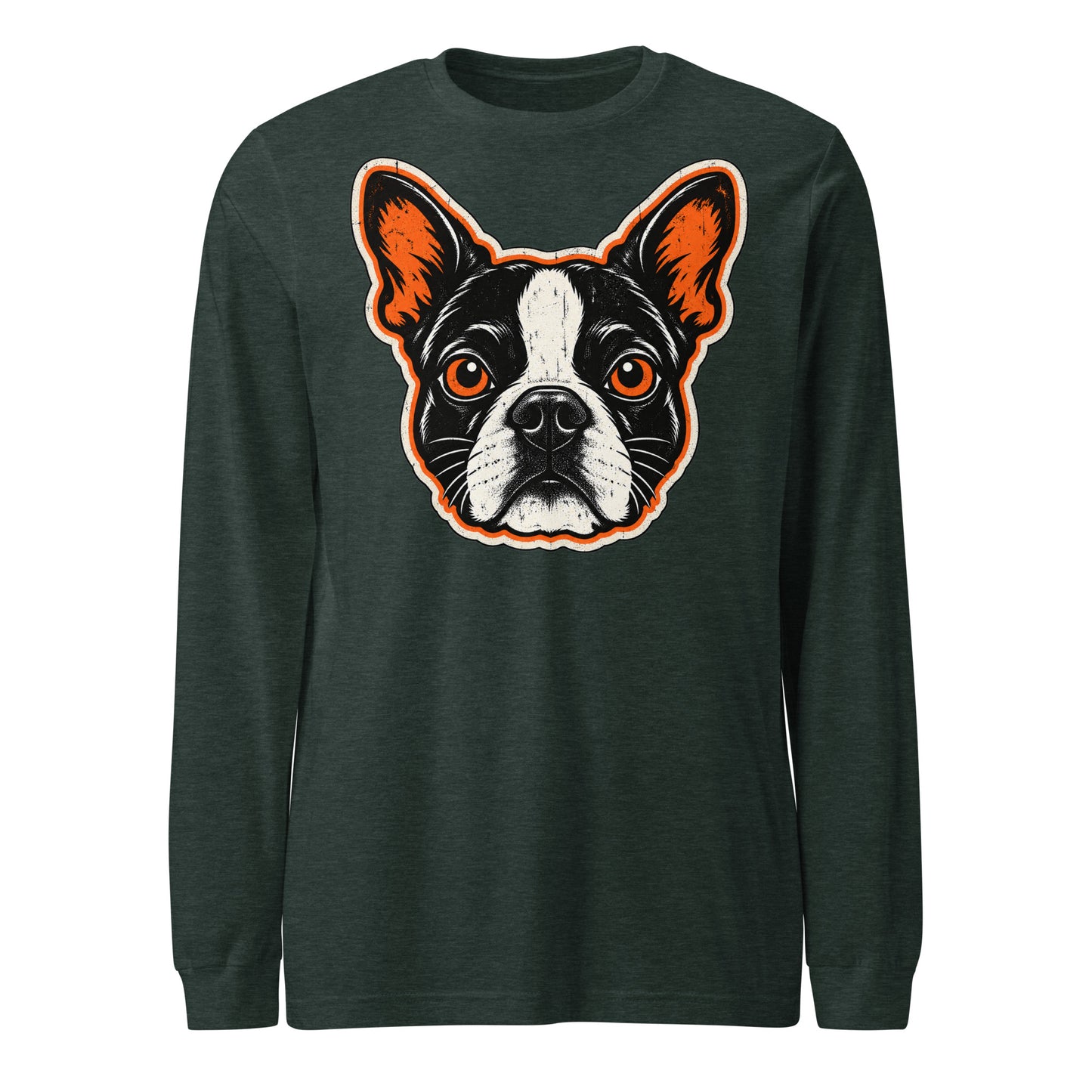 Halloween Boston Terrier Face Unisex Long Sleeve Tee . Heather Forest