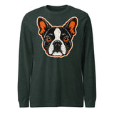Halloween Boston Terrier Face Unisex Long Sleeve Tee . Heather Forest