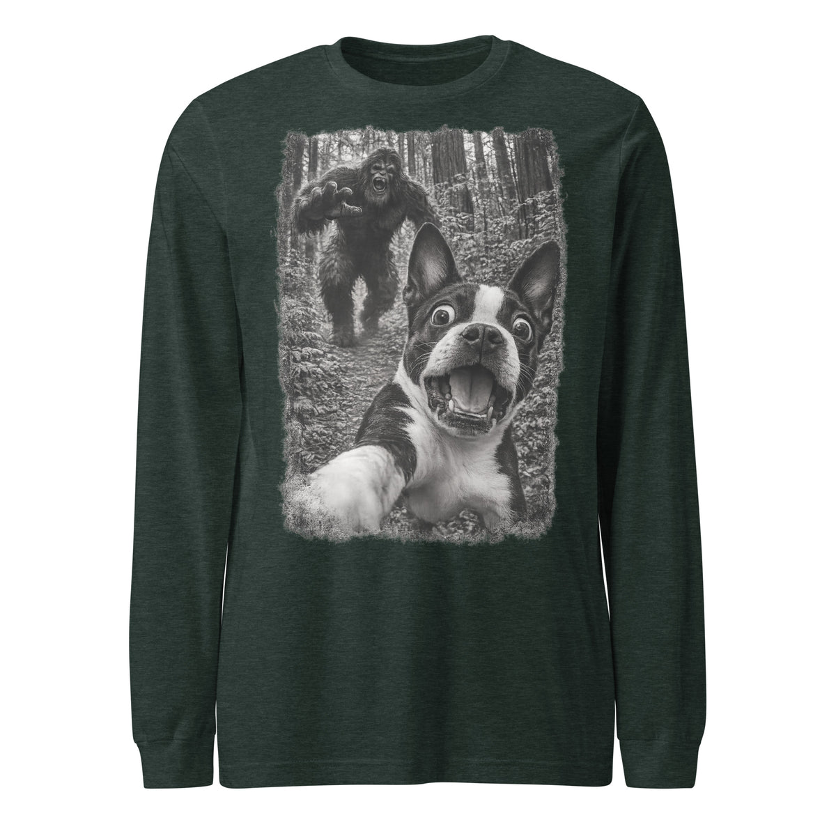 Boston Terrier Bigfoot Chase – Funny Sasquatch Dog Graphic Unisex Long Sleeve Tee . Heather Forest